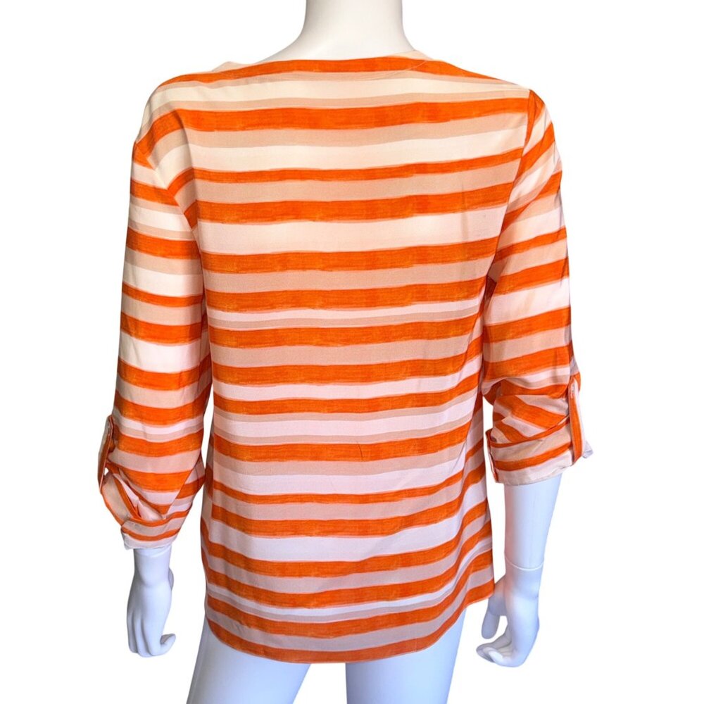 ALICE + OLIVIA Button Front Womens S Orange Cream Striped Silk 3/4 Sleeve Top - Picture 2 of 8